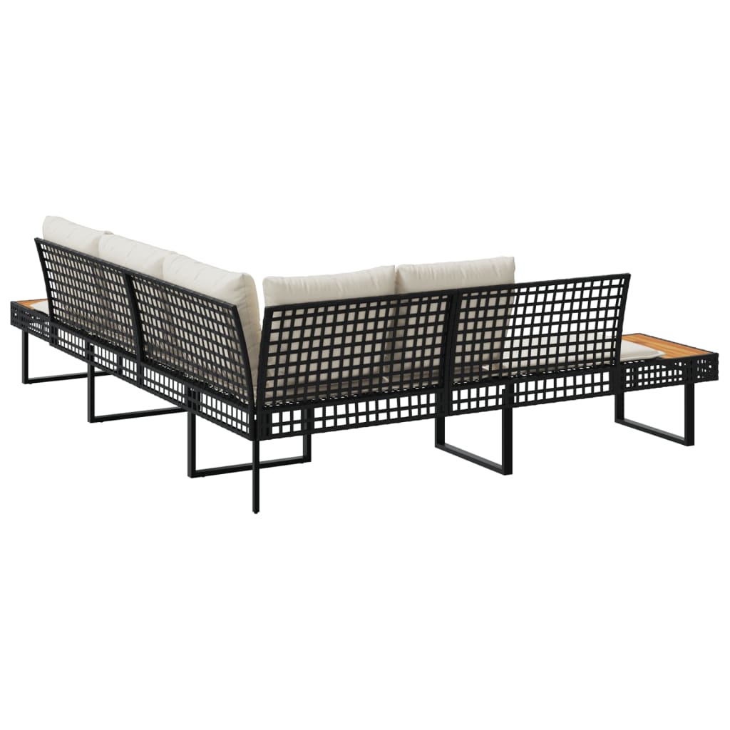 Garden Sofa with Cushions L-shaped Black Poly Rattan and Acacia