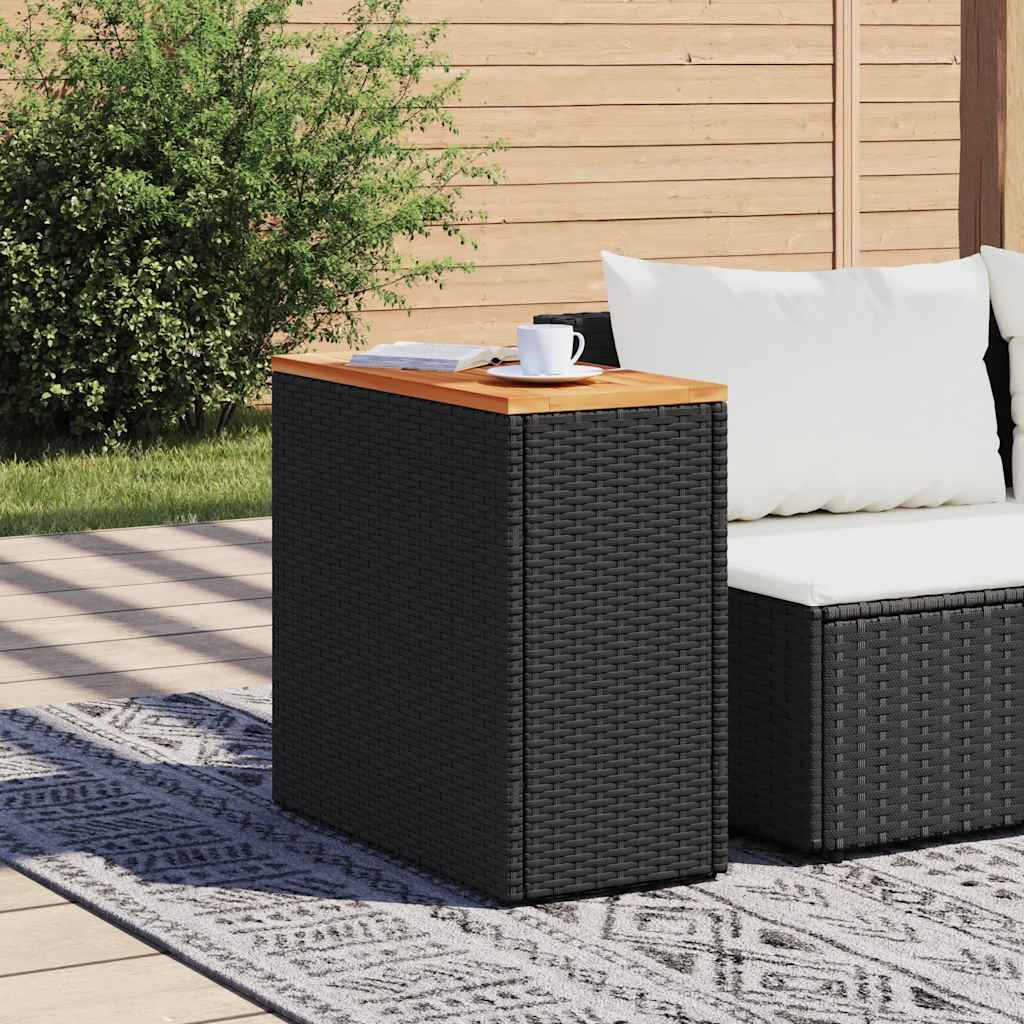 Garden Side Table with Wooden Top Black 58x27.5x55 cm Poly Rattan