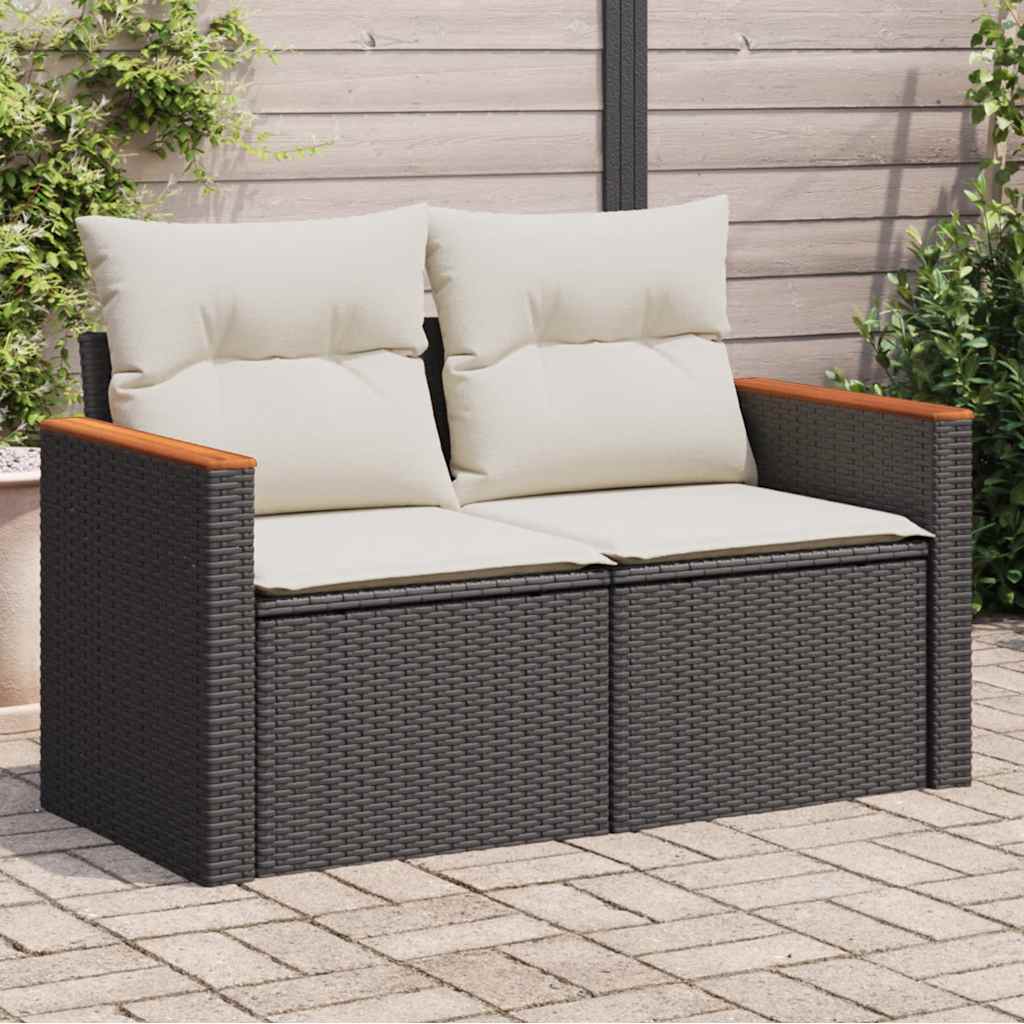 Garden Sofa with Cushions 2-Seater Black Poly Rattan