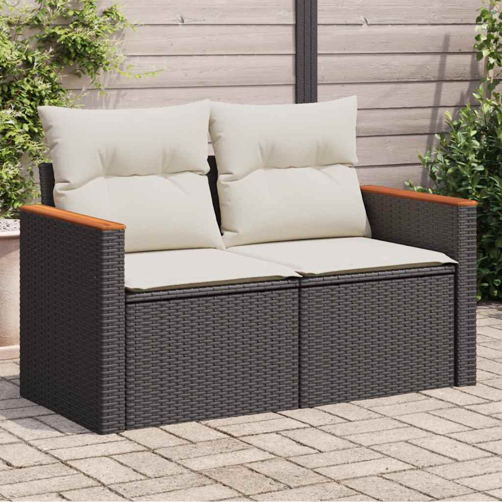 Garden Sofa with Cushions 2-Seater Black Poly Rattan
