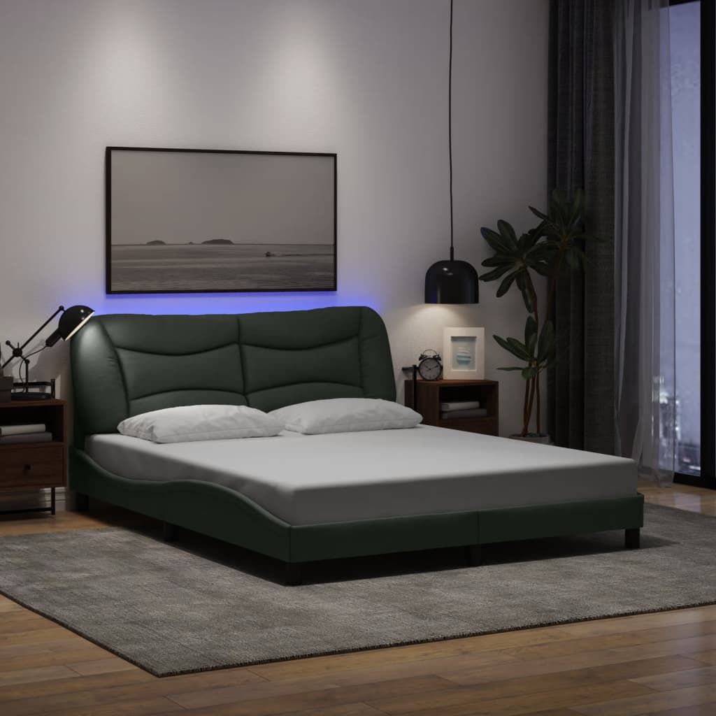 Bed Frame with LED without Mattress "Hvar" Dark Grey 152x203 cm Queen Fabric