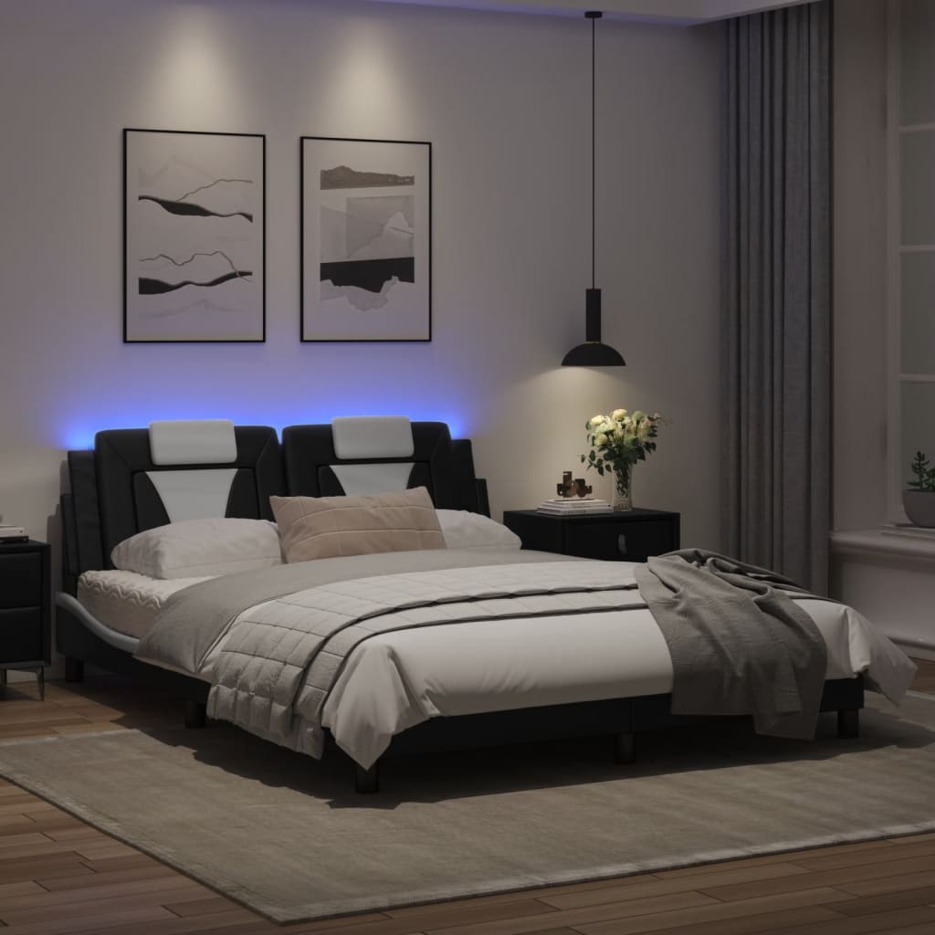 Bed Frame "Viana" with LED without Mattress Black and White 152x203 cm