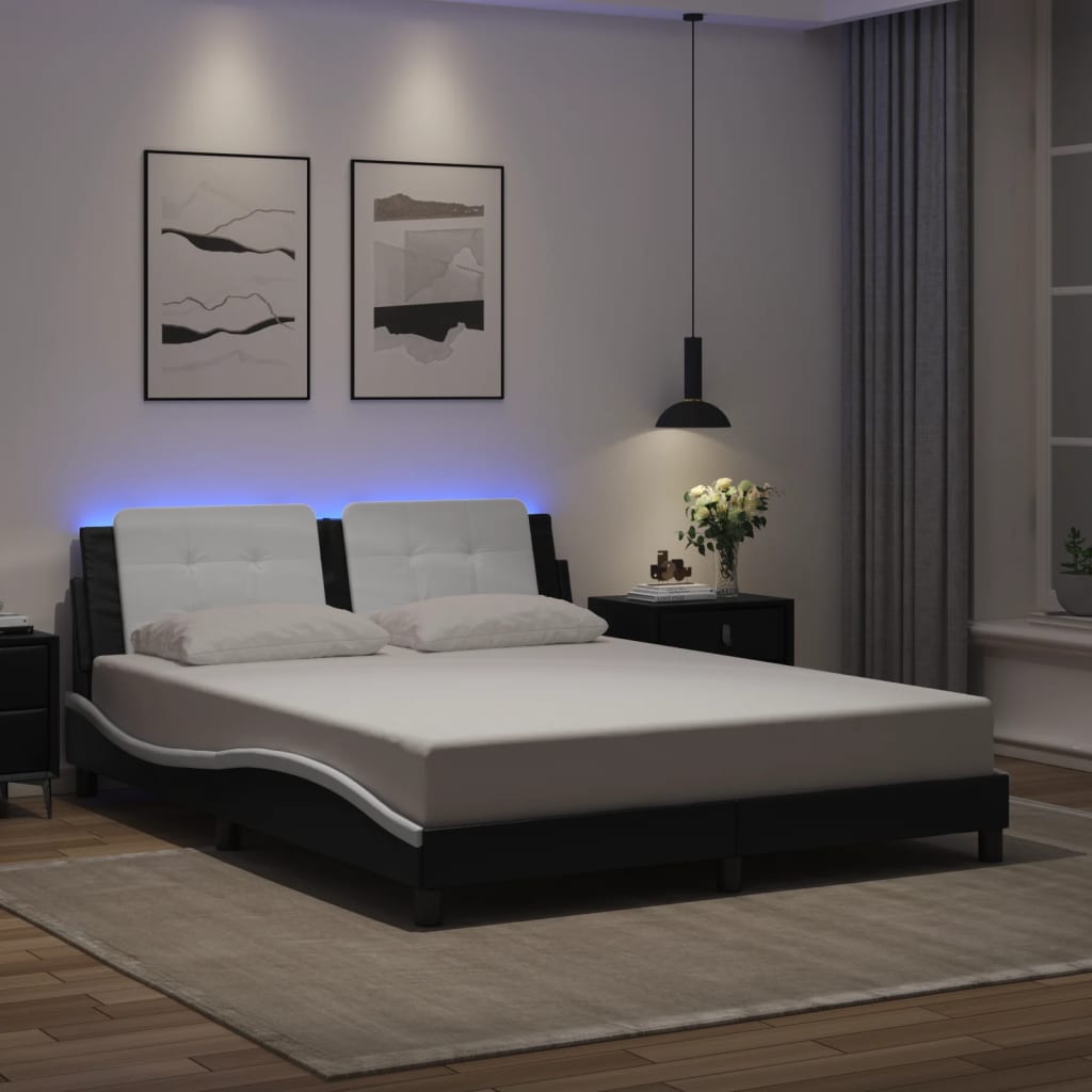 Bed Frame with LED without Mattress "Zadar" Black and White 152x203 cm
