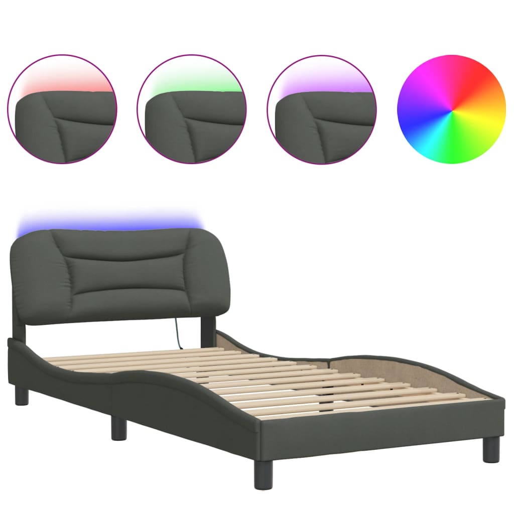 Bed Frame with LED without Mattress "Hvar" Dark Grey 107x203 cm King Single Fabric