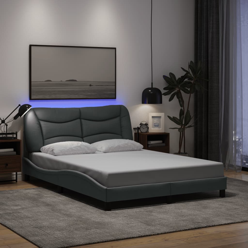 Bed Frame with LED without Mattress "Hvar" Dark Grey 137x190 cm Double Fabric