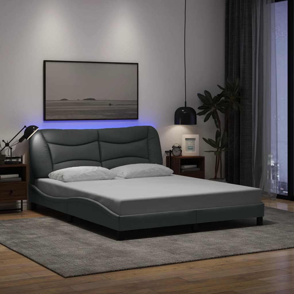 Bed Frame with LED without Mattress "Hvar" Dark Grey 152x203 cm Queen Fabric
