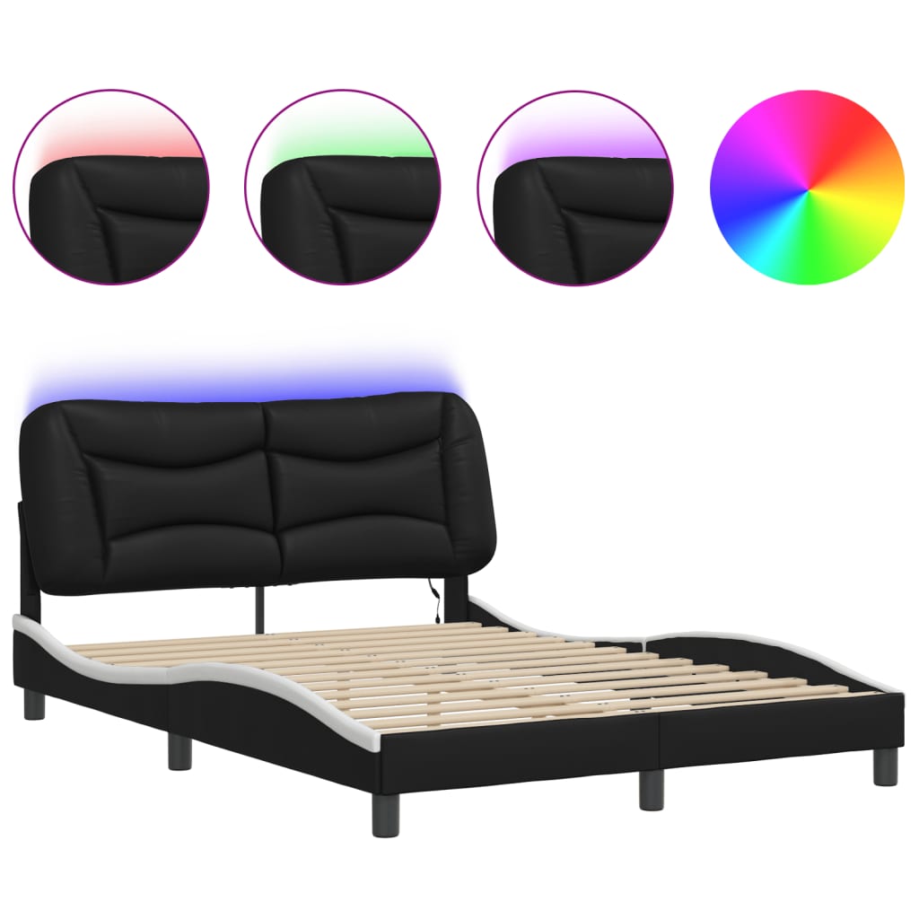 Bed Frame with LED without Mattress "Hvar" Black and White 137x190 cm