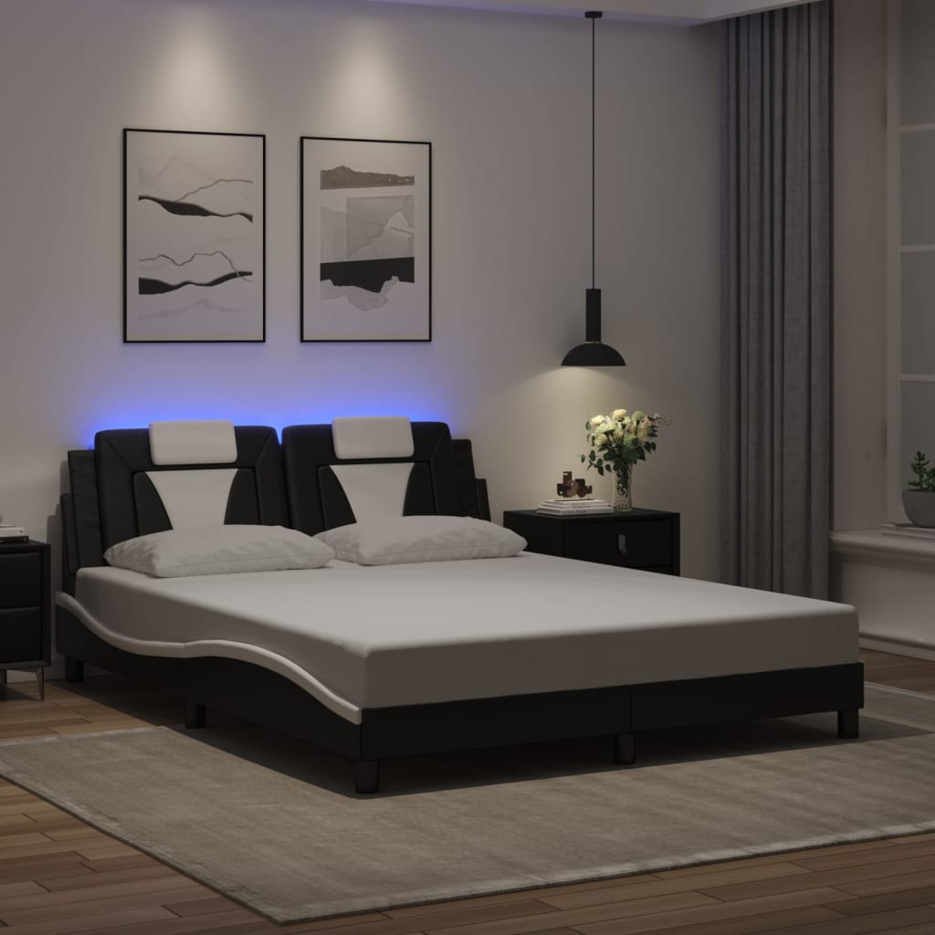Bed Frame "Viana" with LED without Mattress Black and White 152x203 cm