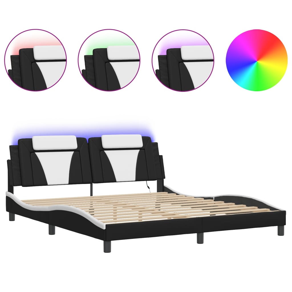 Bed Frame "Viana" with LED without Mattress Black and White 180x200 cm