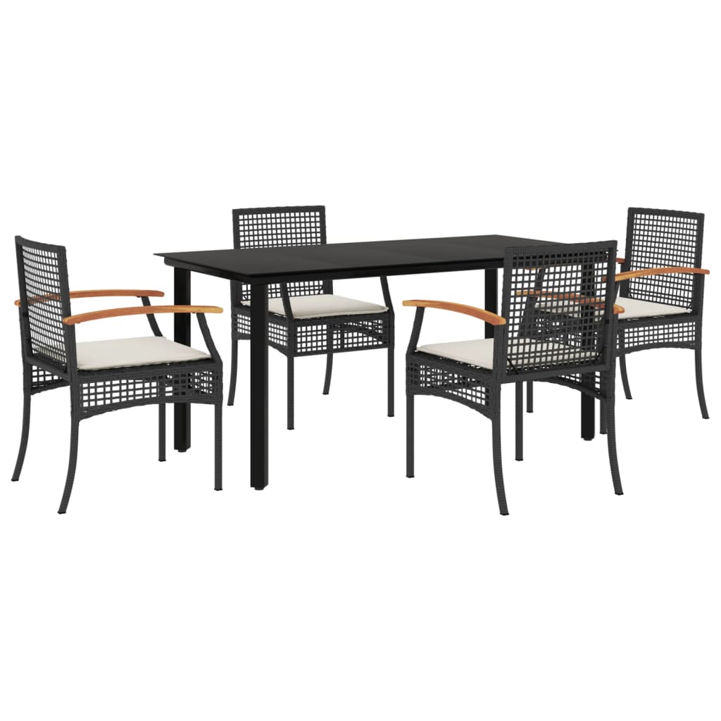 5 Piece Garden Dining Set with Cushions Black Poly Rattan