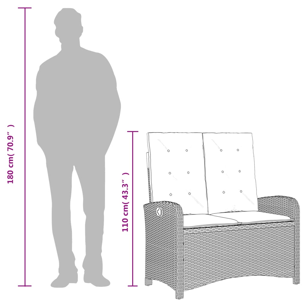 Reclining Garden Bench with Cushions Black Poly Rattan