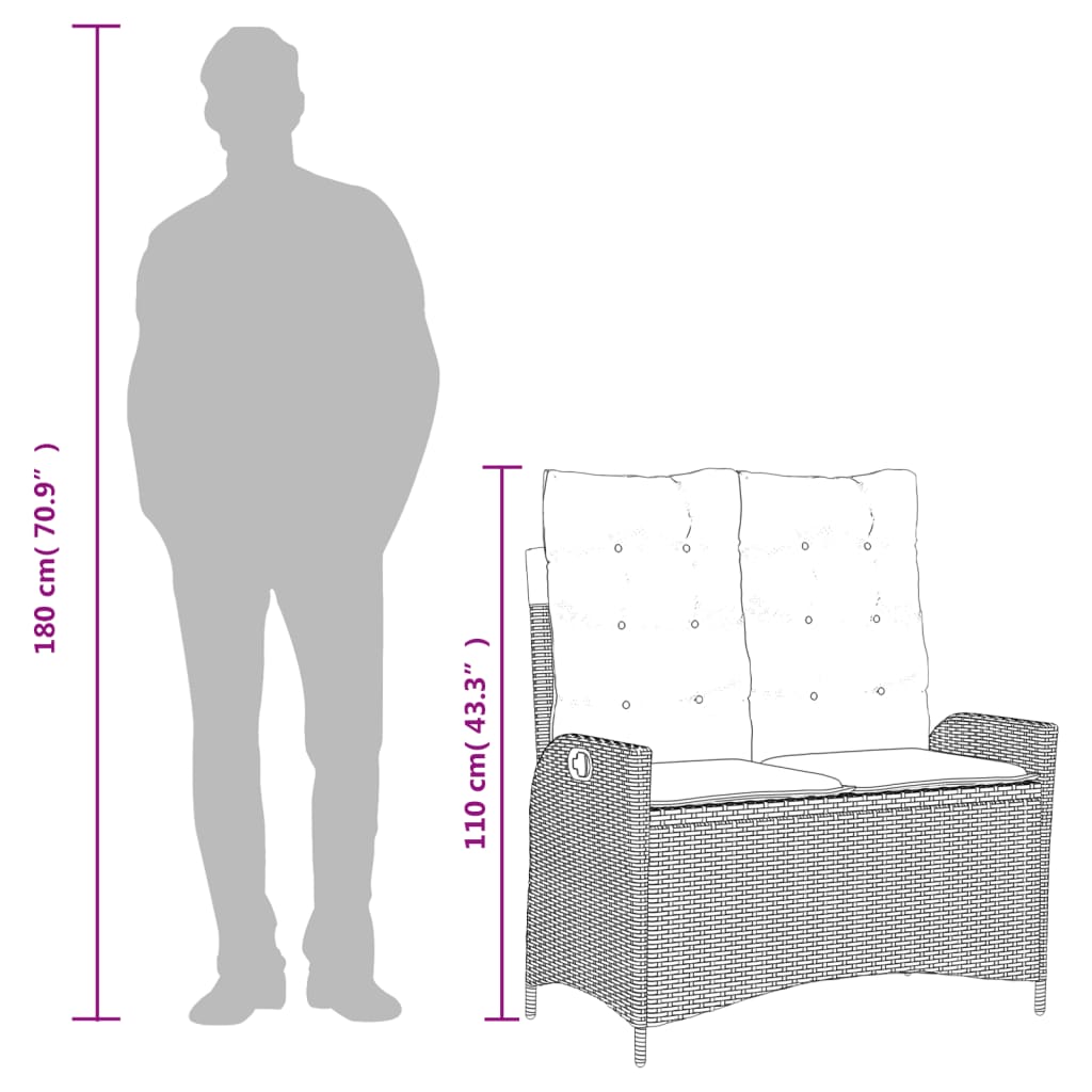 Reclining Garden Bench with Cushions Grey Poly Rattan