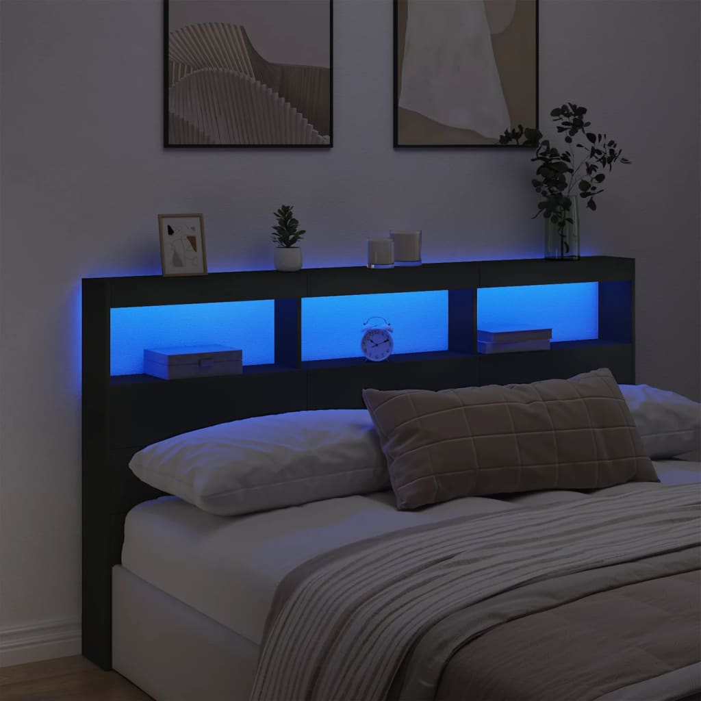 Headboard Cabinet with LED Black 180 cm