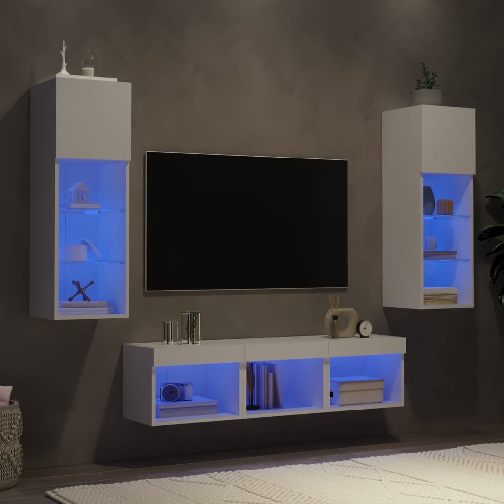 5 Piece TV Wall Units with LED White Engineered Wood