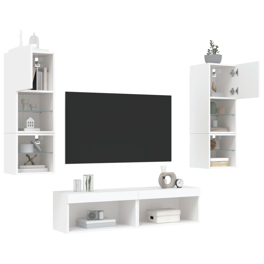 6 Piece TV Wall Units with LED White Engineered Wood