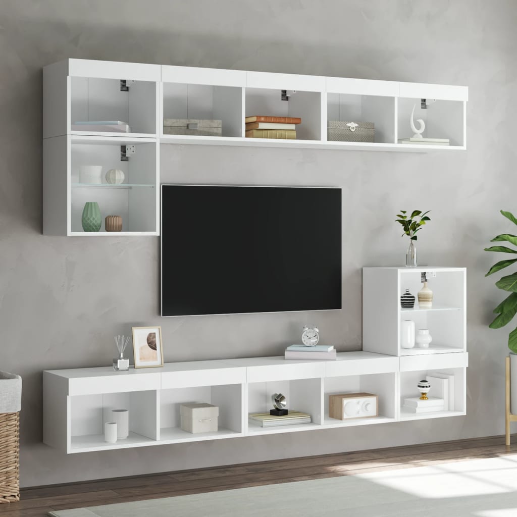 8 Piece TV Wall Units with LED White Engineered Wood
