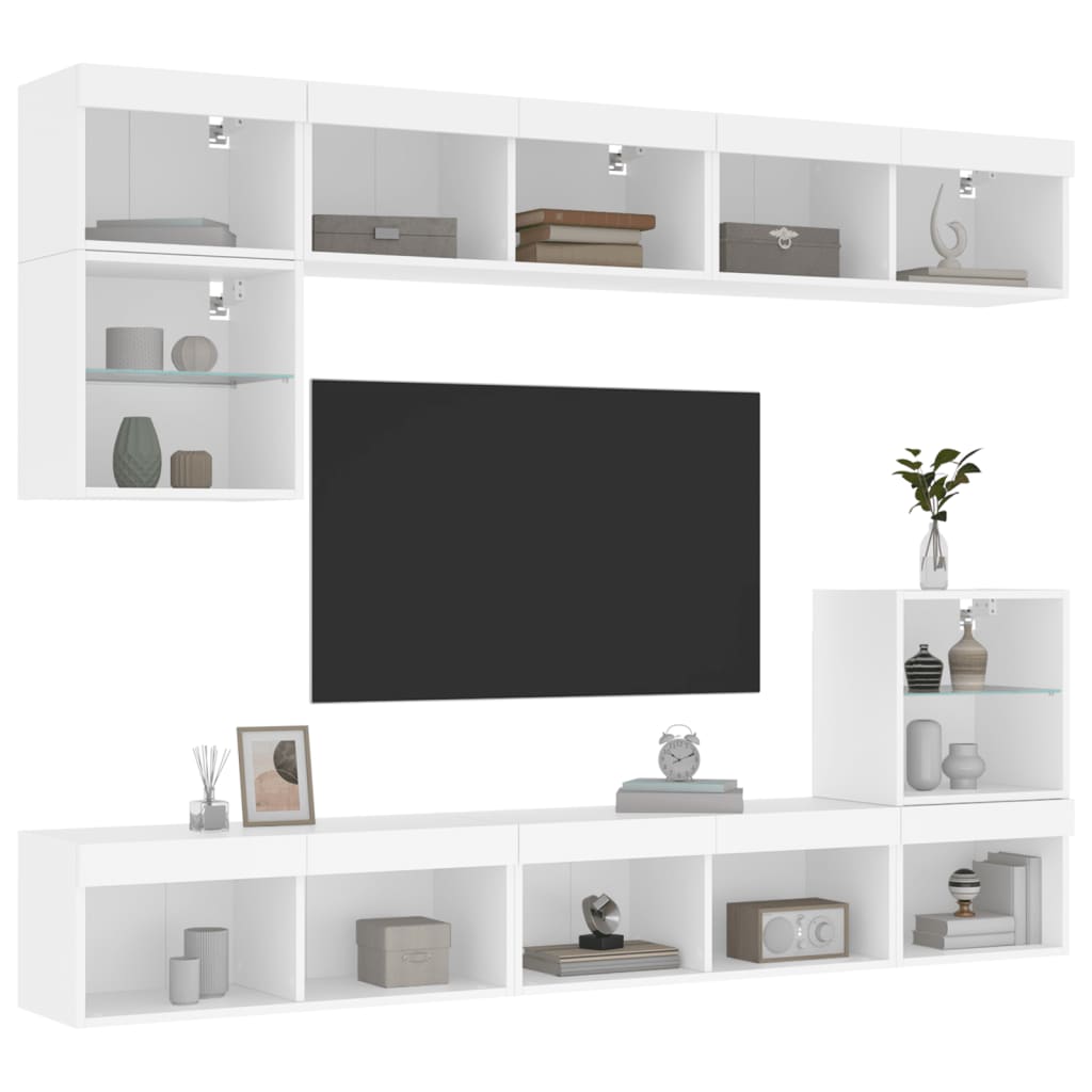 8 Piece TV Wall Units with LED White Engineered Wood