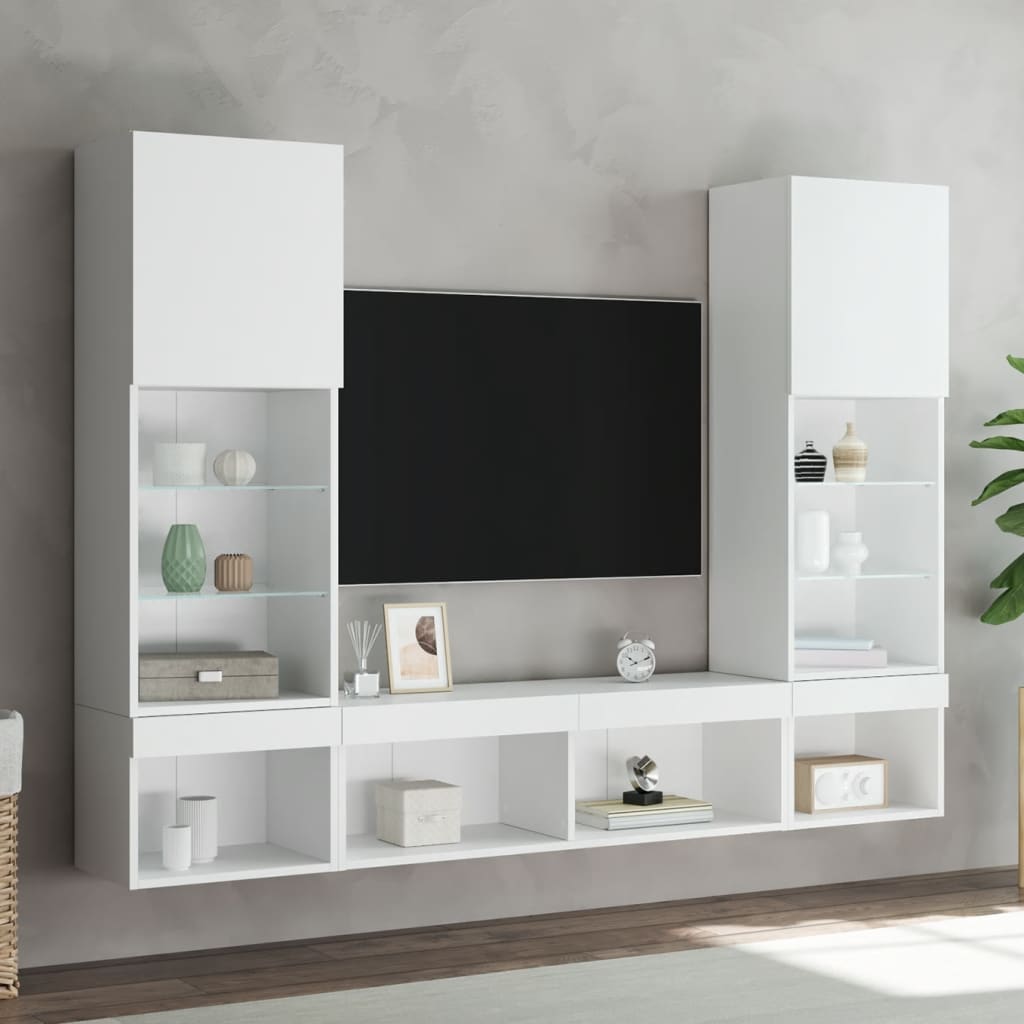 5 Piece TV Wall Units with LED White Engineered Wood