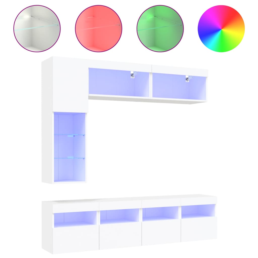 7 Piece TV Wall Cabinet Set with LED Lights White