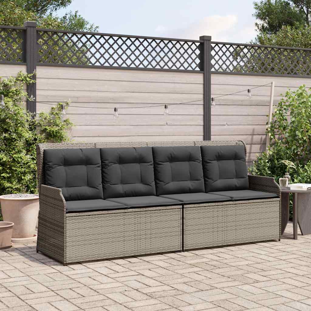 Reclining Garden Bench with Cushions Grey Poly Rattan