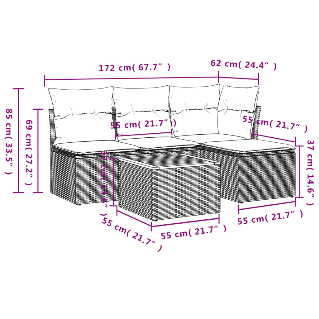 5 Piece Garden Sofa Set with Cushions Grey Poly Rattan