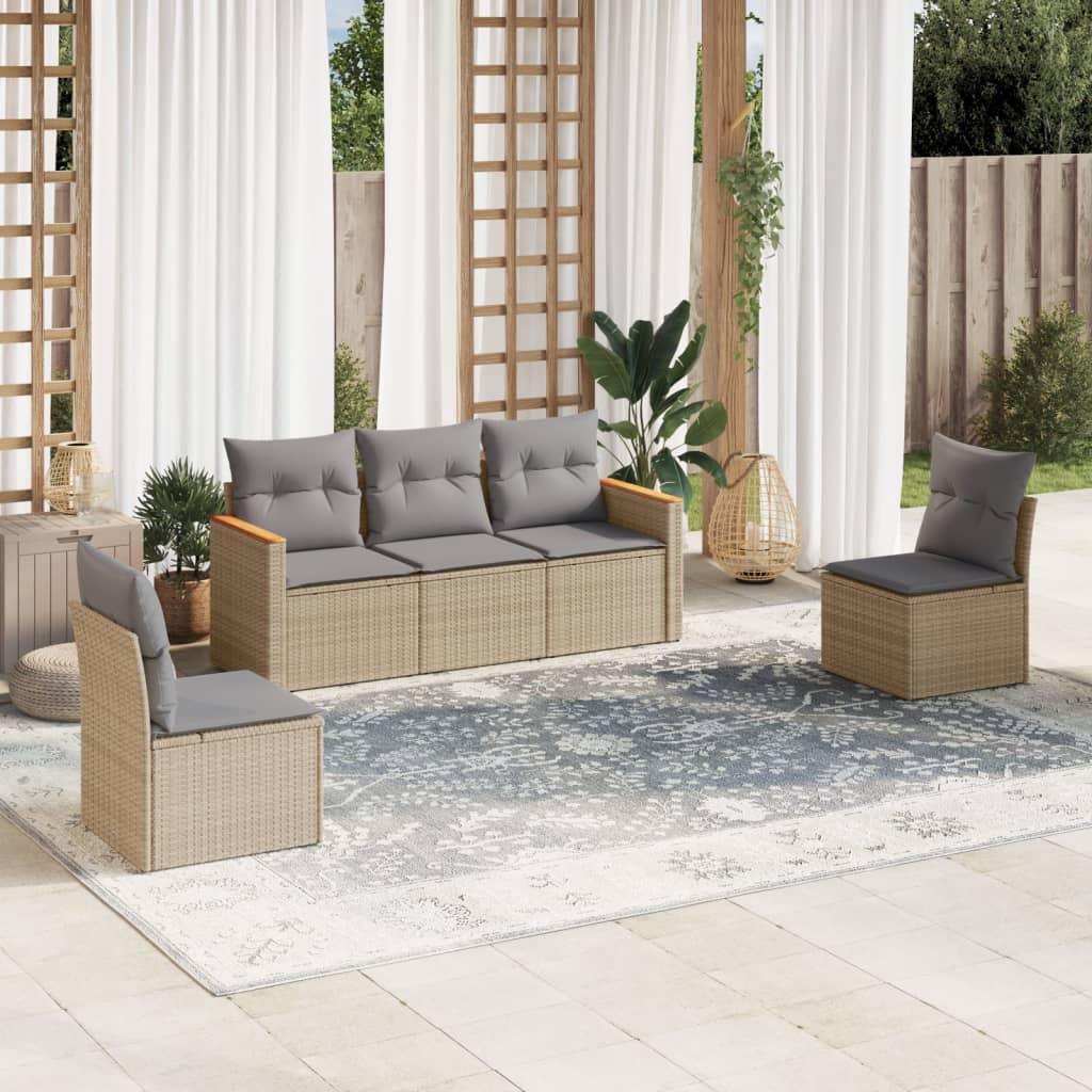 5 Piece Garden Sofa Set with Cushions Mix Beige Poly Rattan