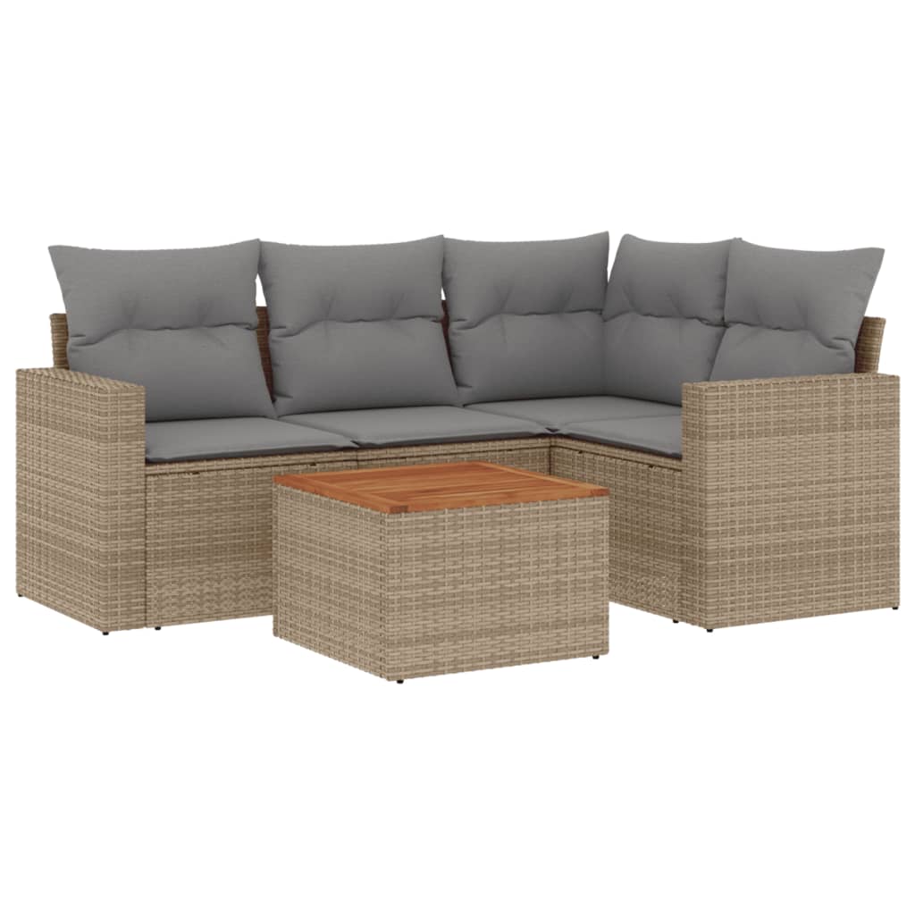 5 Piece Garden Sofa Set with Cushions Mix Beige Poly Rattan