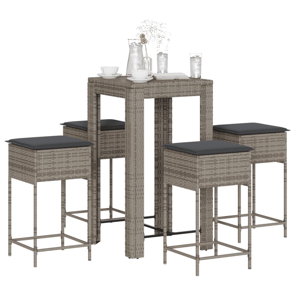 5 Piece Garden Bar Set with Cushions Grey Poly Rattan