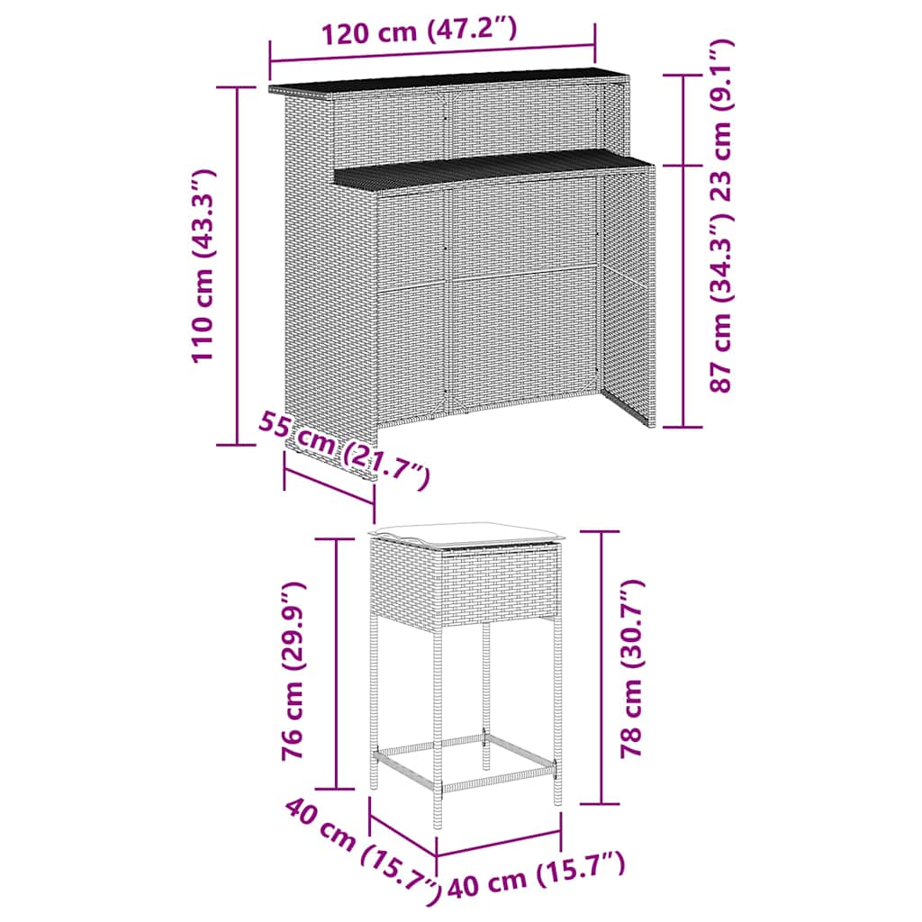 3 Piece Garden Bar Set with Cushions Grey Poly Rattan