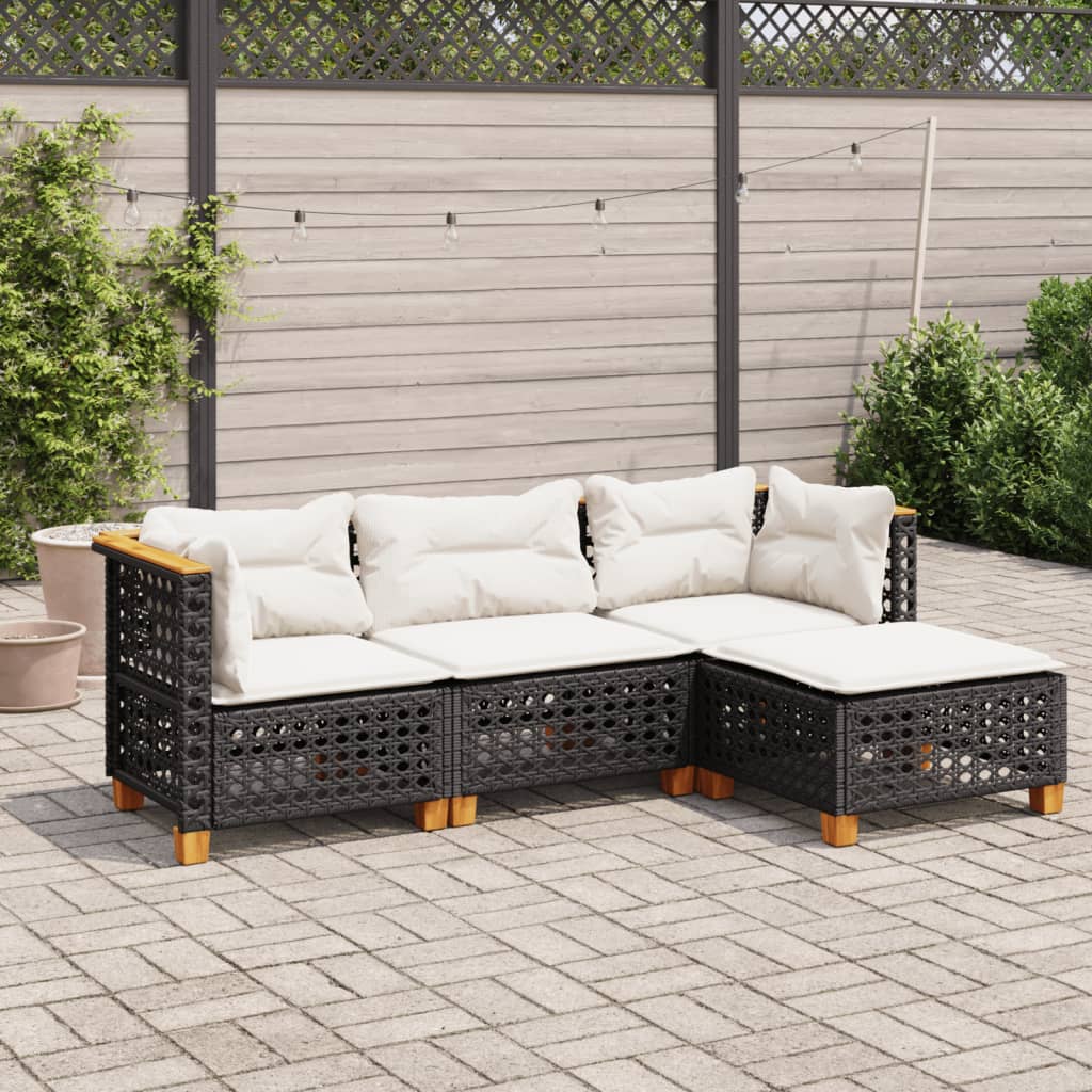 4 Piece Garden Sofa Set with Cushions Black Poly Rattan