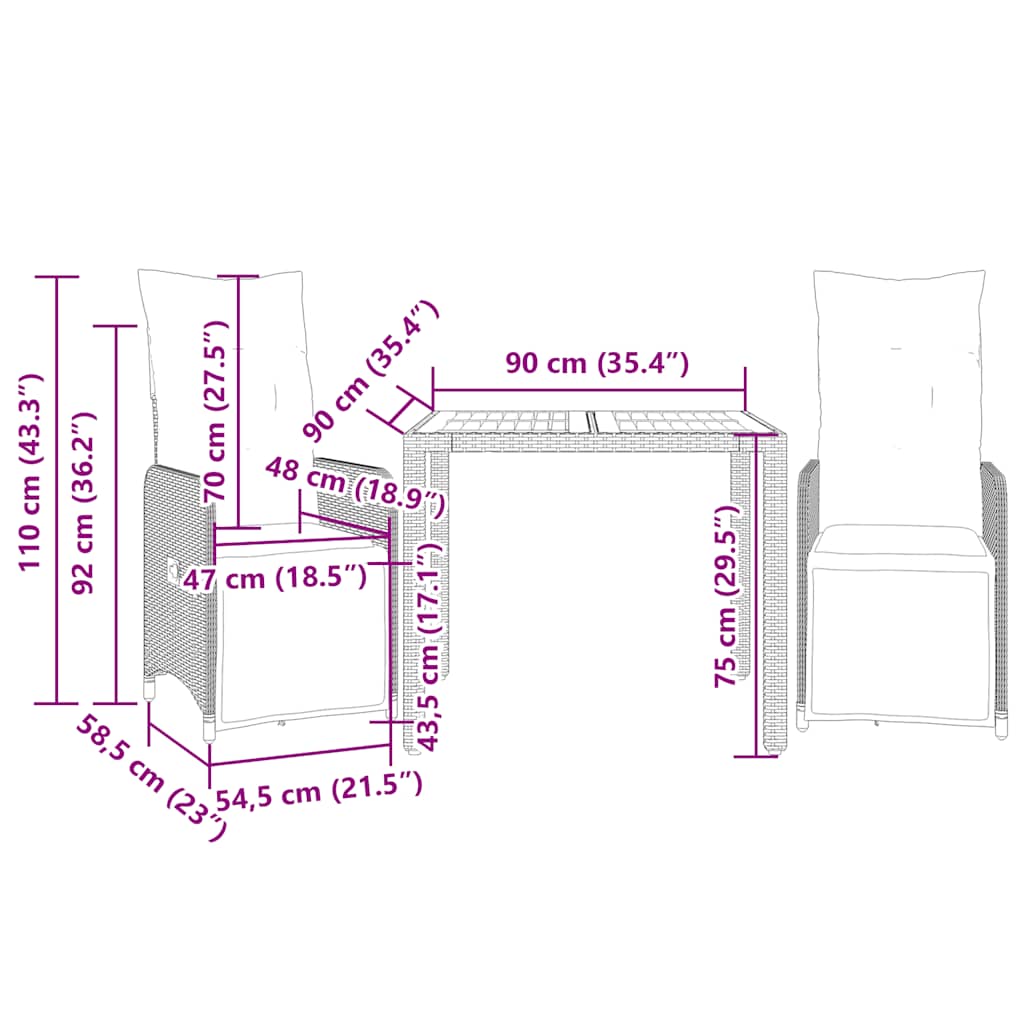 3 Piece Garden Bistro Set with Cushions Black Poly Rattan