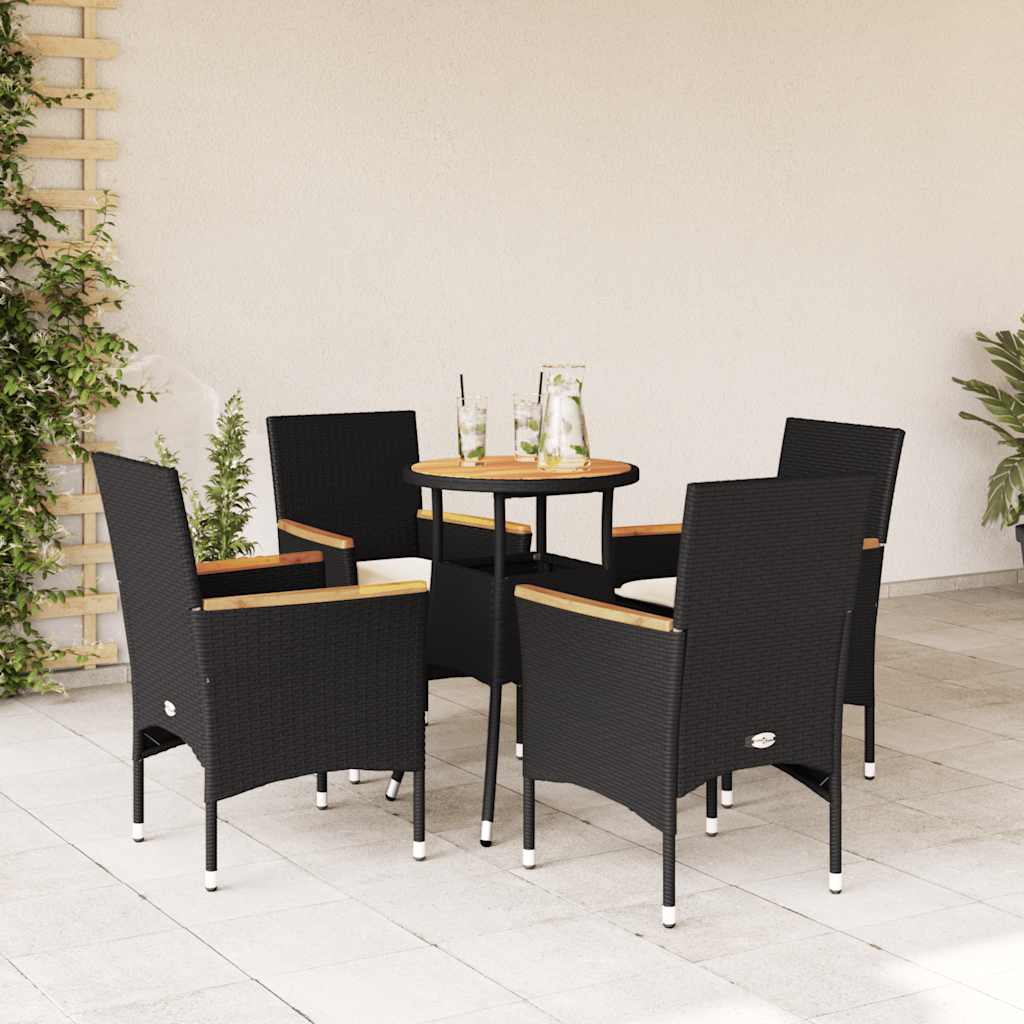 5 Piece Garden Dining Set with Cushions Black Poly Rattan and Acacia