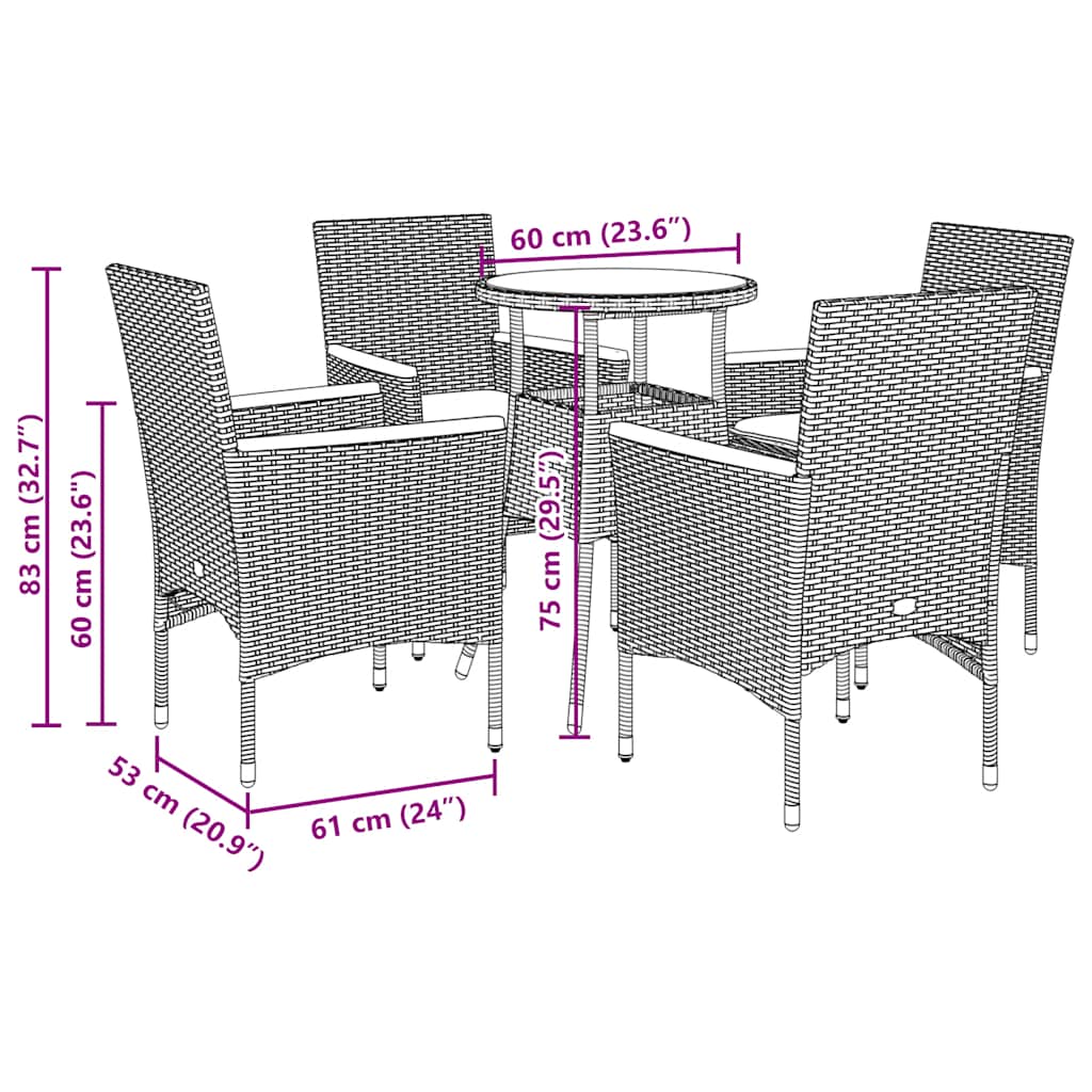 5 Piece Garden Dining Set with Cushions Black Poly Rattan and Glass