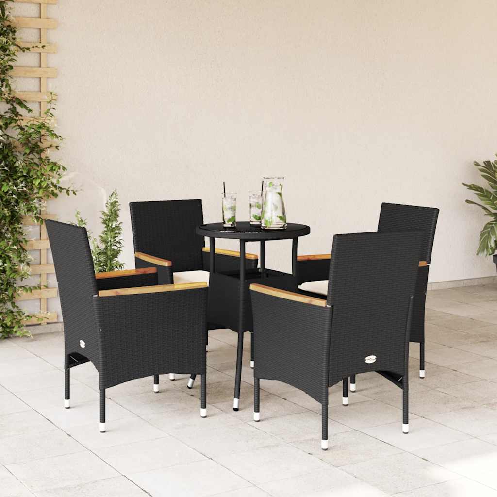 5 Piece Garden Dining Set with Cushions Black Poly Rattan and Glass