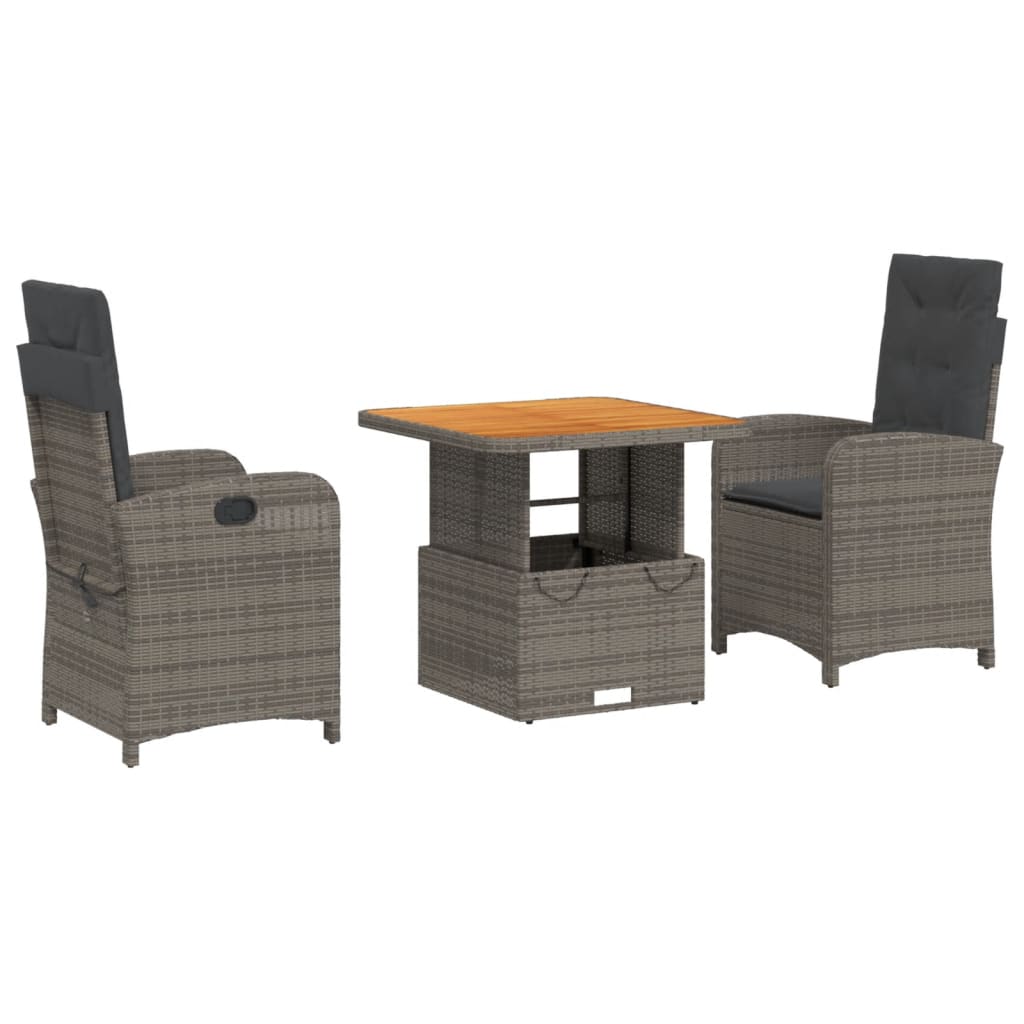 3 Piece Garden Dining Set with Cushions Grey Poly Rattan