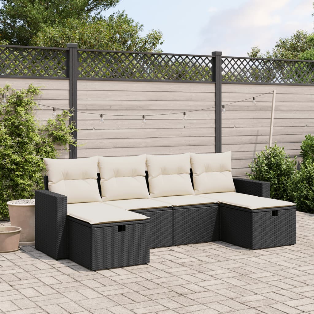 6 Piece Garden Sofa Set with Cushions Black Poly Rattan