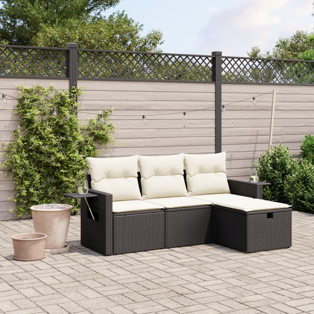 4 Piece Garden Sofa Set with Cushions Black Poly Rattan