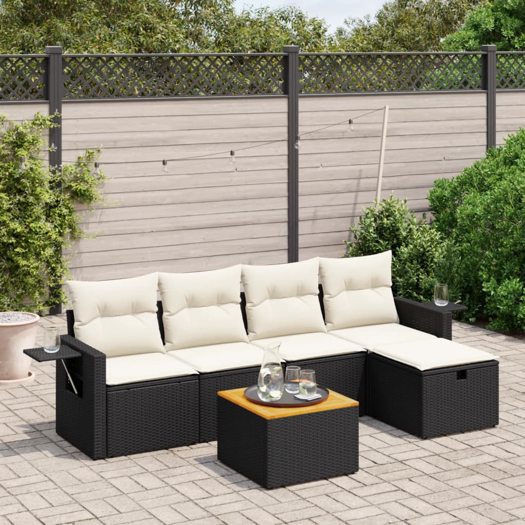 6 Piece Garden Sofa Set with Cushions Black Poly Rattan