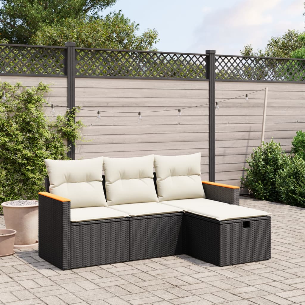 4 Piece Garden Sofa Set with Cushions Black Poly Rattan