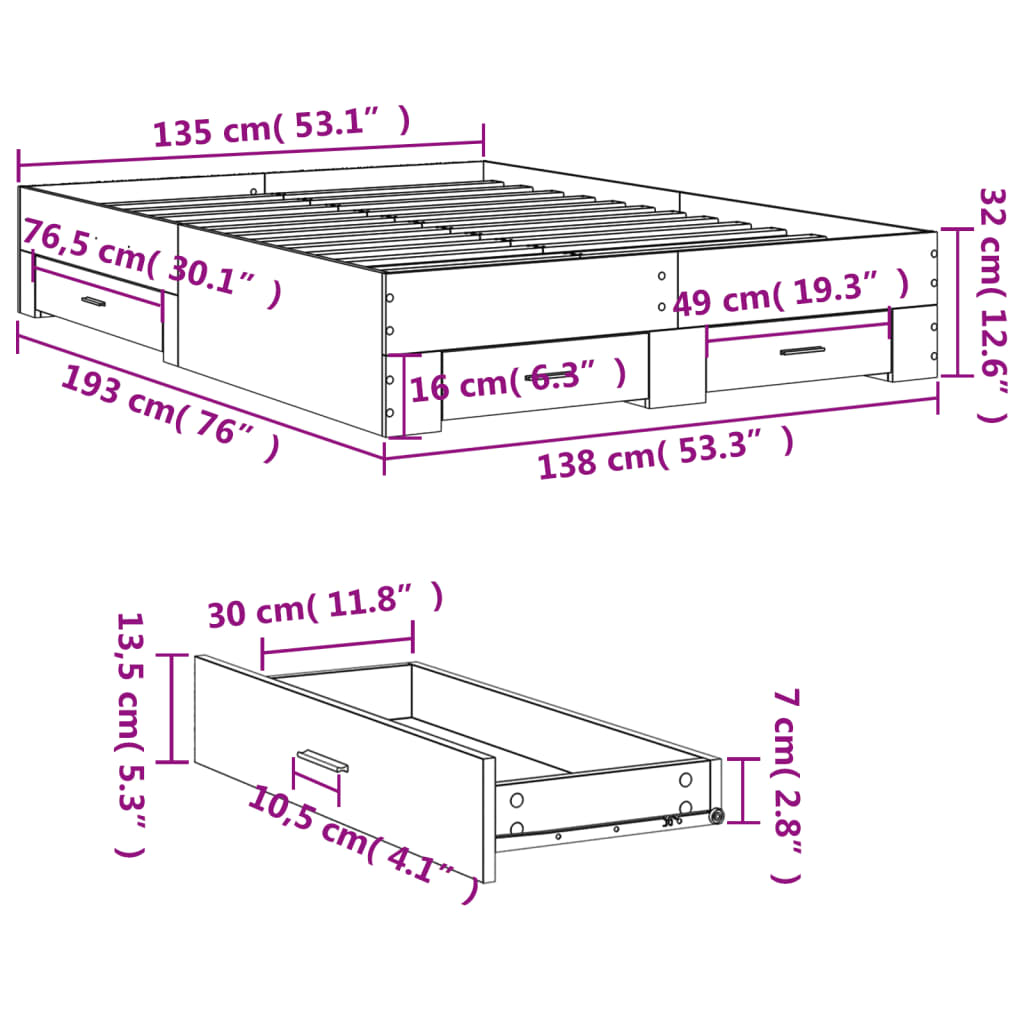 Bed Frame with Drawers without Mattress White 135x190 cm