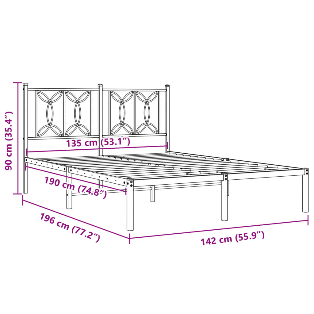 Metal Bed Frame without Mattress with Headboard Black 135x190 cm