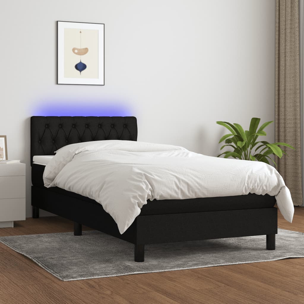 Box Spring Bed with Mattress&LED Black 106x203 cm King Single Size Fabric