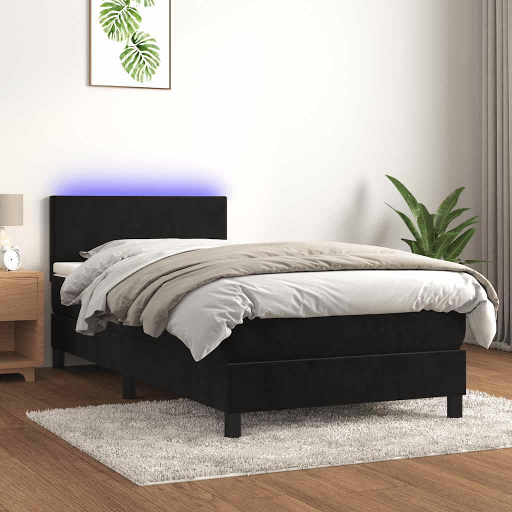 Box Spring Bed with Mattress&LED Black 106x203 cm King Single Size Velvet