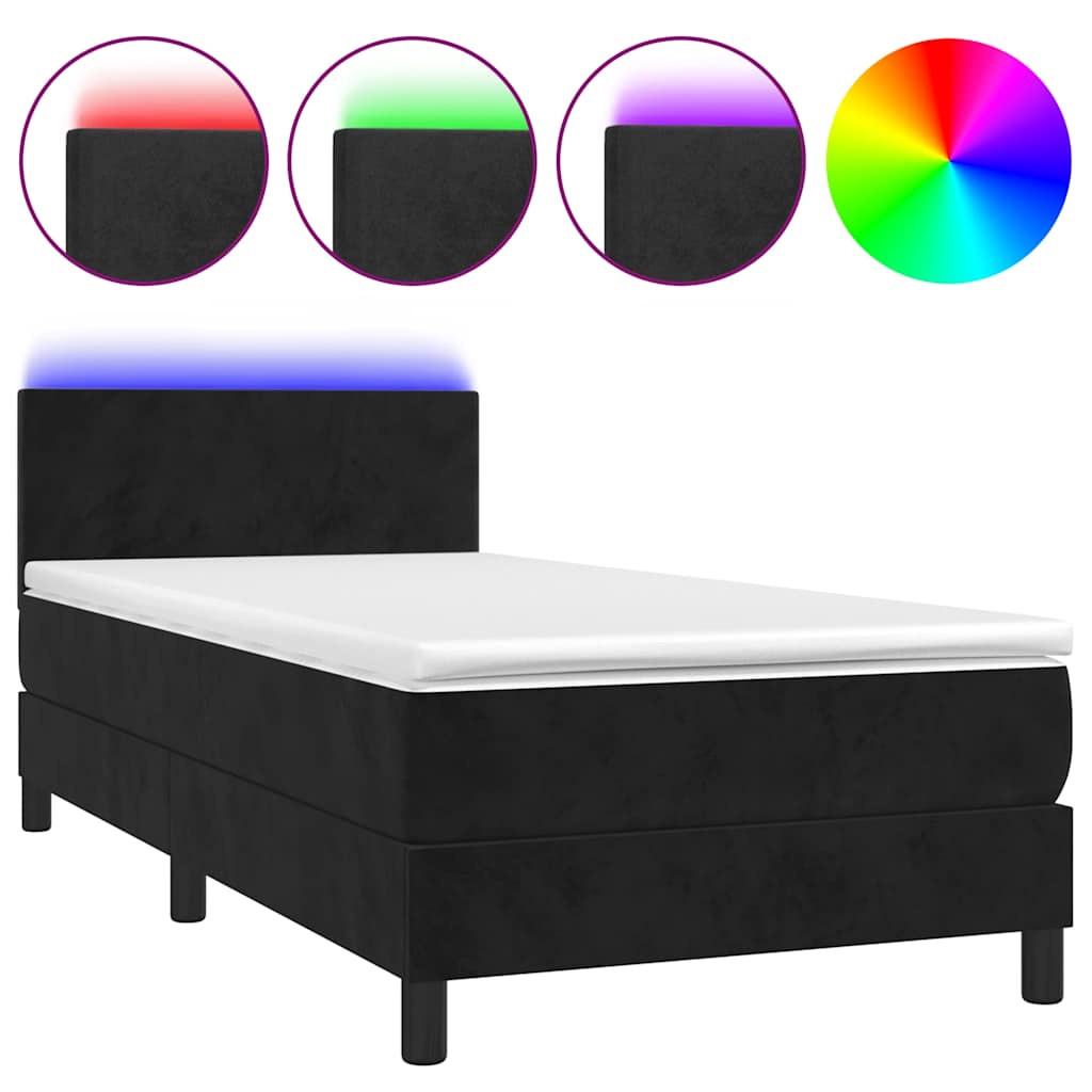 Box Spring Bed with Mattress&LED Black 106x203 cm King Single Size Velvet
