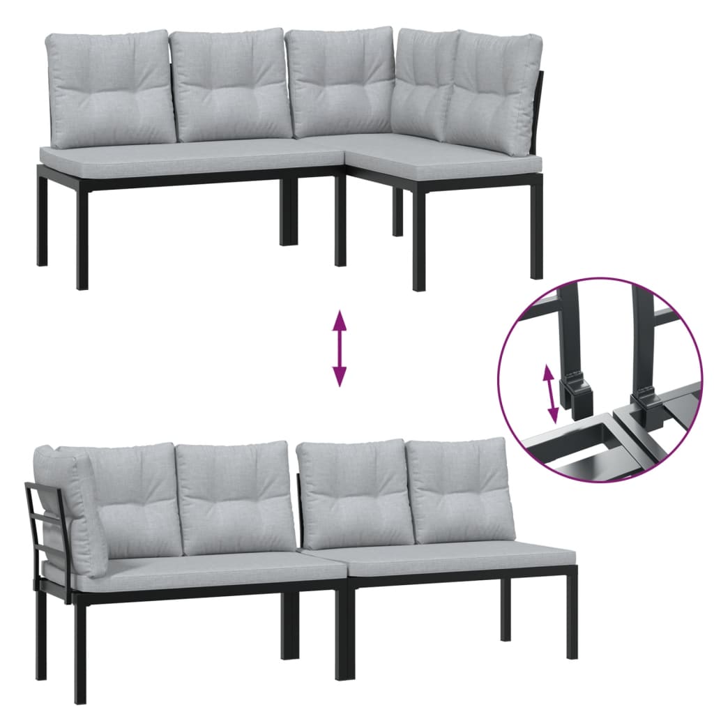 Garden Bench Set with Cushions 3 pcs Black Powder-coated Steel