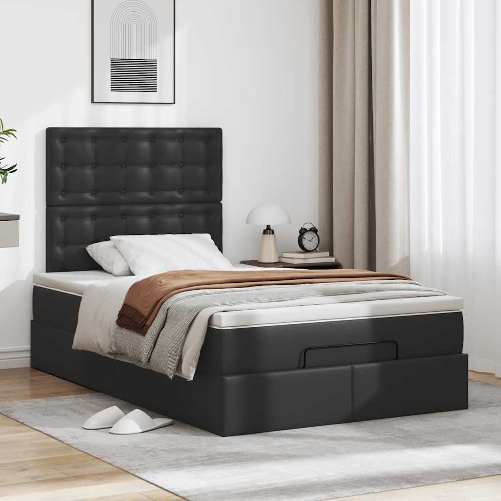 Ottoman Bed with Mattress & LEDs Black King Single Faux Leather