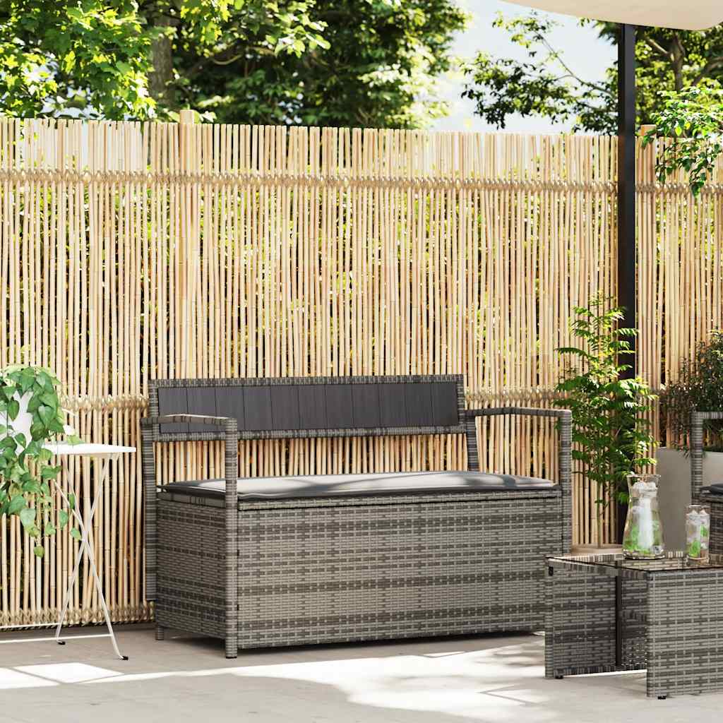 Garden Storage Bench with Cushion Grey Poly Rattan