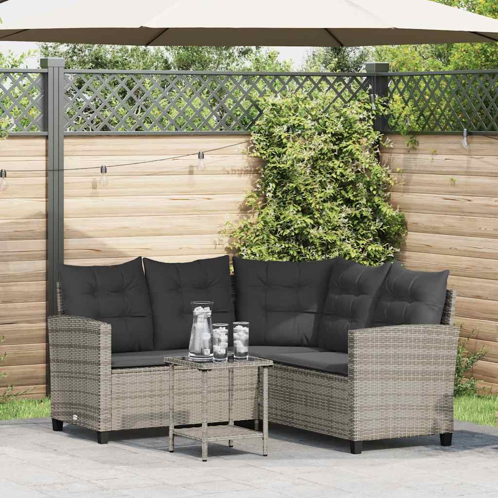 Garden Sofa with Table&Cushions L-shaped Grey Poly Rattan