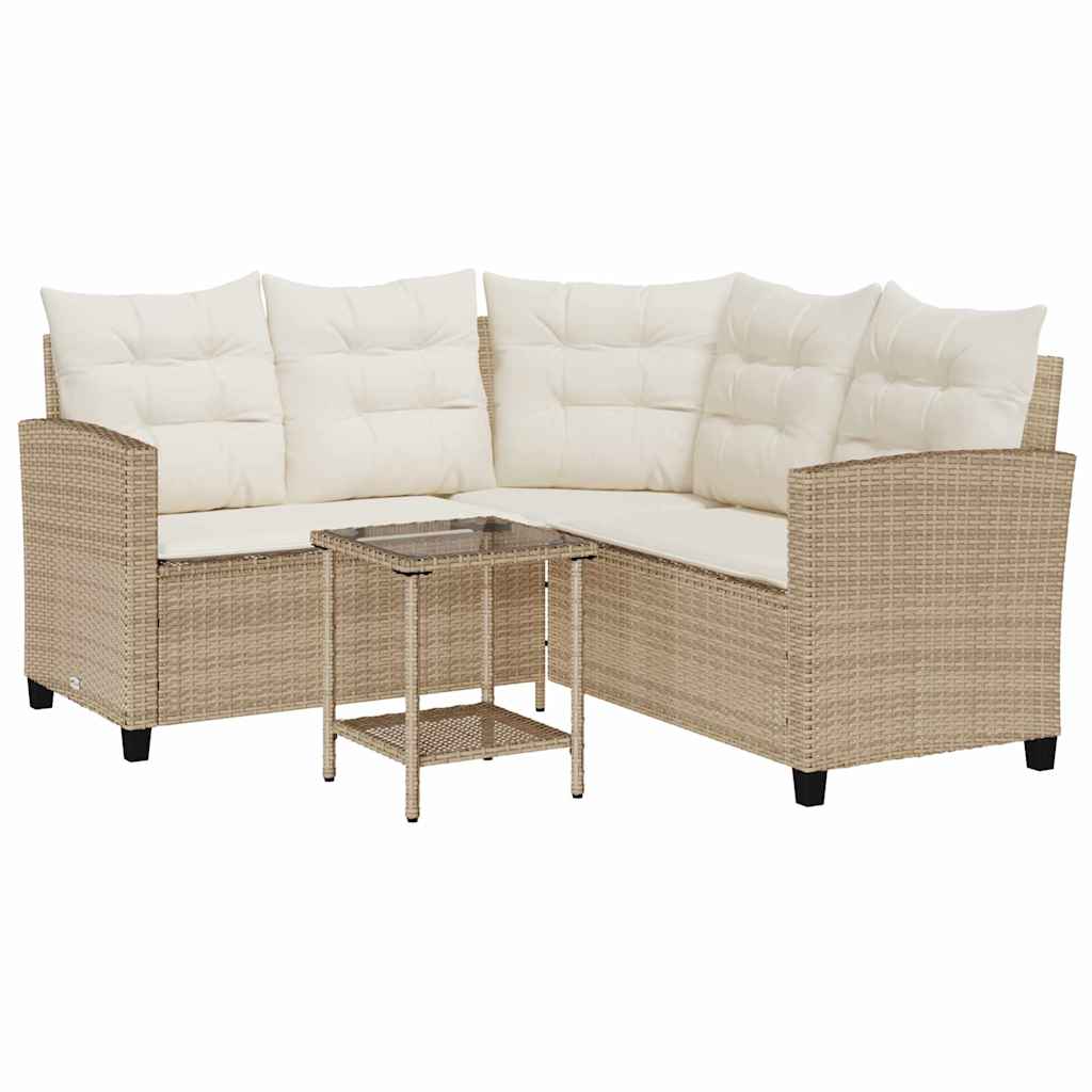 Garden Sofa with Table&Cushions L-shaped Beige Poly Rattan