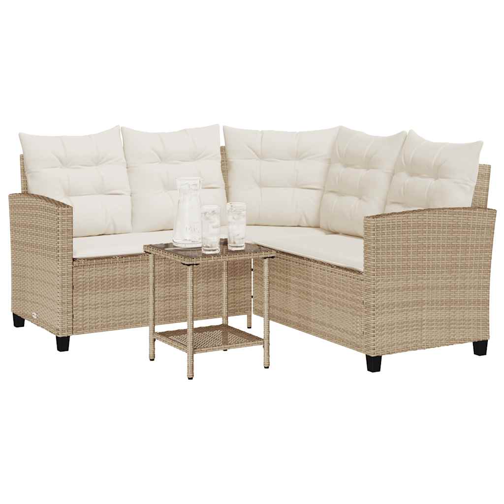 Garden Sofa with Table&Cushions L-shaped Beige Poly Rattan